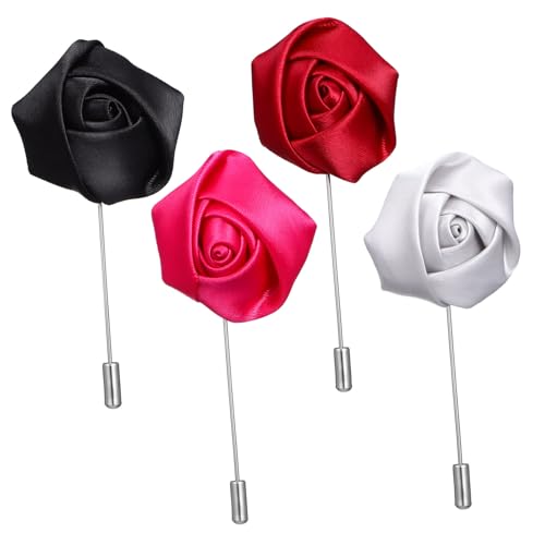 MUCKLILY 4 Stück Teiliges Herren Anstecknadeln aus Blumenbroschen in Schwarz Dunkelrot Silber und Rosa Anstecknadeln für Anzüge bei Hochzeiten Business und Formellen Anlässen von MUCKLILY