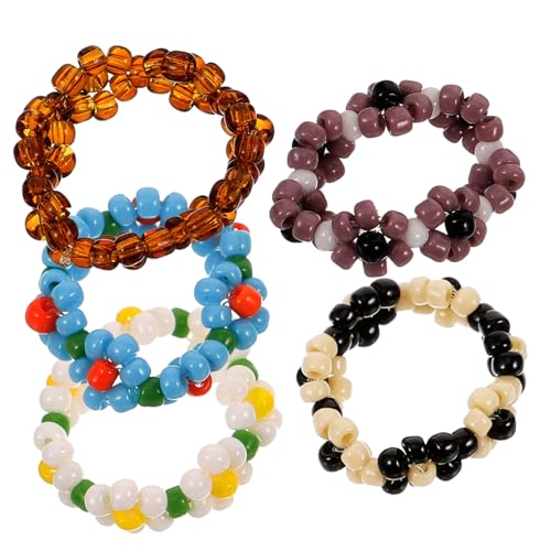 MUCKLILY 5 Stück Teiliges Beaded Flower Ringe Bunte Perlenblumen Schmuck Elastisch Modisch Bequemer Schmuck für Geschenk an Frauen Schwestern Freundinnen Boho stil Zufällige Farbe von MUCKLILY