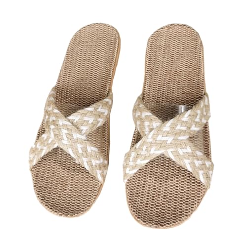 MUCKLILY Bequeme Leinen hausschuhe mit Kreuzriemen Atmungsaktiv Leicht und Kühl für Damen Sommerliche Indoor slippers in Beige Einfach Anzuziehen und Angenehm zu Tragen von MUCKLILY