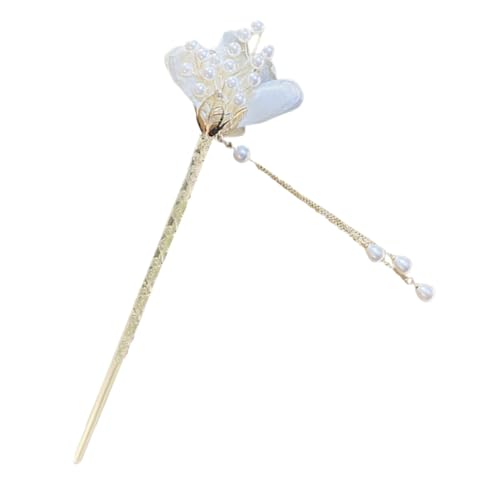 MUCKLILY Chinesisches Haarstäbchen mit Stoffblume und Perlen Quaste Handgefertigter Haarschmuck für Frauen Leichte Blüten haarnadel für Lange Haare Elegant Geeignet für Hochzeiten und von MUCKLILY