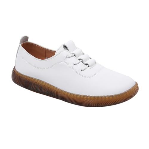 MUCKLILY Damen Flache Lederschuhe Leicht Atmungsaktiv rutschfest Bequeme Freizeitschuhe für Frühling und Alltag Modische Casual Sneakers in Weiß von MUCKLILY