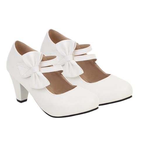 MUCKLILY Damen Halbschuhe Weiß mit Schleifen Dekor PU Material rutschfeste Gummisohle Grober Absatz Bequeme Modische High Heels für Alltag und Büro von MUCKLILY