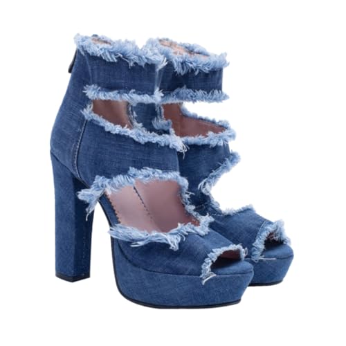 MUCKLILY Damen High Heels Sandalen aus Jeansstoff Offene Zehen Modischer Robuster Blockabsatz Atmungsaktiv Bequem für Partys Hochzeit und Alltag Blau von MUCKLILY