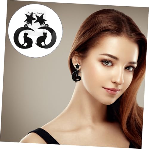 MUCKLILY Damen Ohrhänger Katzen Acryl Schwarz Mond Stern Design Hautfreundlich Langlebig Leicht Eleganter Modeschmuck für Alltag und Besondere Anlässe von MUCKLILY