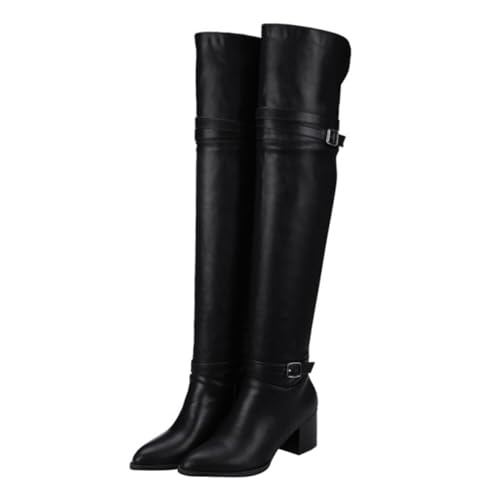 MUCKLILY Damen Overknee Stiefel mit Dickem Absatz Warme Herbst Winter Langschaftstiefel Rutschfeste Sohle Atmungsaktives Material Modische Hohe Schuhe für Frauen Schwarz von MUCKLILY