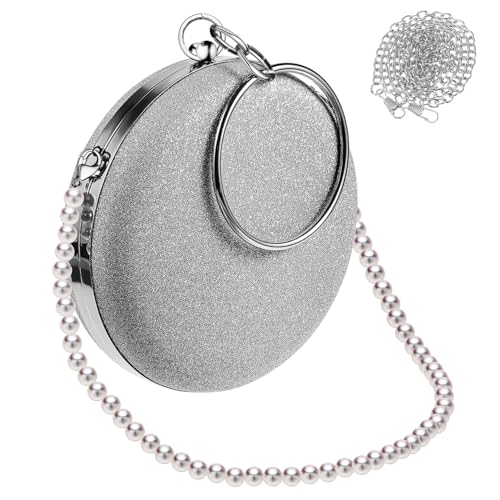 MUCKLILY Elegante Damen Clutch Handtasche Silber mit Abnehmbarer Weißer Perlenkette Runde Abendtasche für Hochzeit Bankett Party Stilvolle Cocktail Tasche mit Metallkette und von MUCKLILY