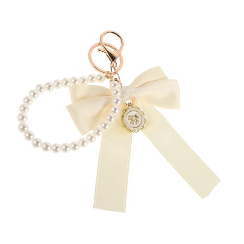 MUCKLILY Eleganter Weißer Perlen schlüsselanhänger mit Schleifen motiv Robuster Metallanhänger Vielseitiger Charms für Auto Taschen und Rucksäcke Stilvolles Accessoire für Damen von MUCKLILY
