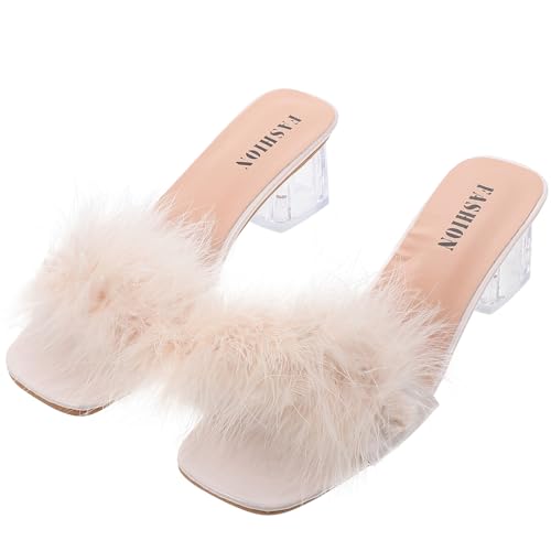 MUCKLILY Flauschige Damen Hausschuhe mit Klarem Absatz Bequeme Sandalen für Sommer Modische Leichte Slippers mit Weichem Fußbett für Alltag Party und Outdoor tragen Beige von MUCKLILY