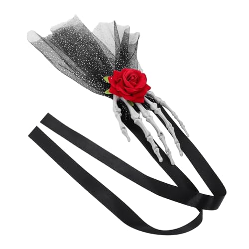 MUCKLILY Halloween Stirnband mit Roter Rosenblume Skelett Hand Design und Langem Band mit Schleier Atmungsaktiv und für Kostüm und Cosplay Partys Unisex Einheitsgröße von MUCKLILY