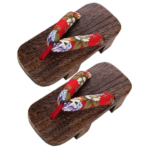 MUCKLILY Japanische Holzclogs Damen Traditionell Bedruckt Leichte Stilvolle Sandalen mit Komfortablem Holzmaterial Modische Hausschuhe für Alltag und Cosplay Passend Rot von MUCKLILY