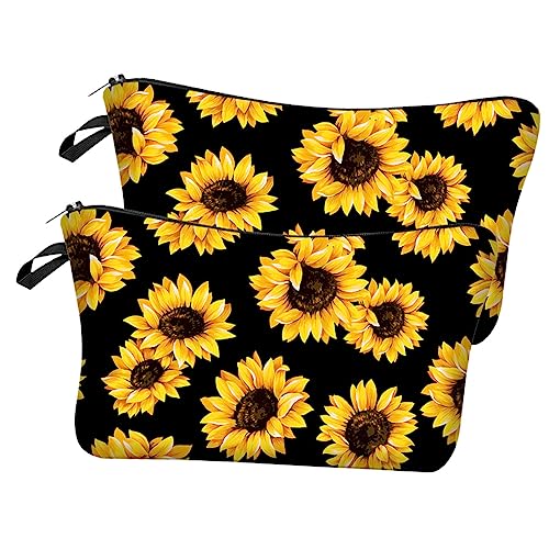 MUCKLILY Kosmetiktasche 2 Stück Tragbare Schminktasche mit Reißverschluss für Damen Sonnenblumen Druck Kosmetik Organizer für Reisen und Toilettenartikel von MUCKLILY