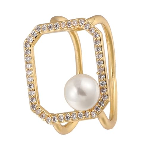 MUCKLILY Offener Perlenring mit Verstellbarer Ringschiene Goldfarben Damen Schmuck mit Funkelnden Strasssteinen Eleganter Edelstahlring für Party und Alltag Geschenk für Frauen und Mädchen von MUCKLILY