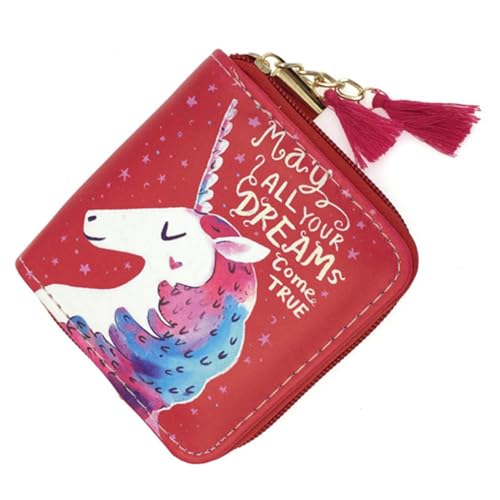 MUCKLILY PU Zipper Wallet Cartoon Einhorn Muster Kurz Geldbörse für Mädchen Rot Leichtes Langlebiges Portemonnaie mit Reißverschluss für Alltag und Reise Geeignet für Jugendliche und von MUCKLILY