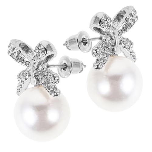 MUCKLILY Perlenohrringe Ohrstecker Schleife mit Strass Große Fake Pearl Ohrringe Damen Schmuck Geschenk für Hochzeit Brautjungfern und Besondere Anlässe von MUCKLILY