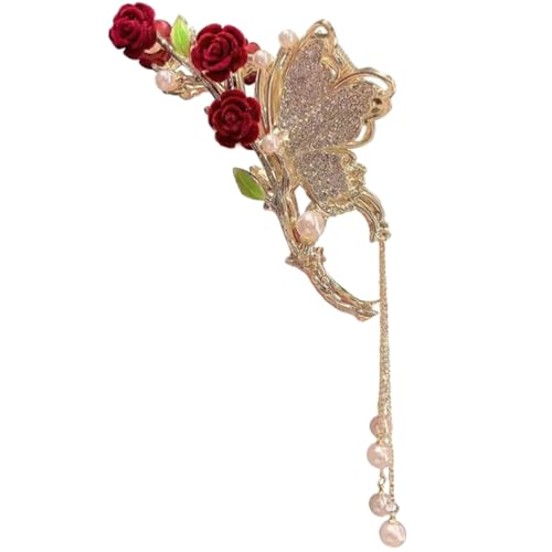 MUCKLILY Rote Rosen haarspange mit Strass und Perlen Metall haarclip für Dickes Haar Stabiler Haarklammerhalter mit Schmetterlingsdesign Eleganter Haarschmuck für Damen und Alltag von MUCKLILY