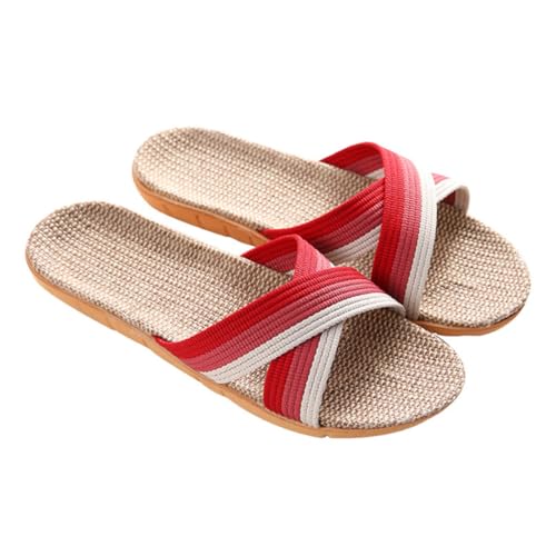 MUCKLILY Rutschfeste Leichte Damen hausschuhe aus Atmungsaktivem Leinen Komfortable Sommerschuhe für Zuhause Rote Innen slipper mit Weicher Sohle von MUCKLILY