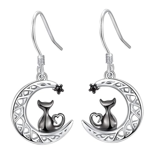 MUCKLILY Katzenanhänger Ohrhänger Mondform Für Damen Frauen Ohrringe Silber Katzenschmuck Ohrschmuck von MUCKLILY