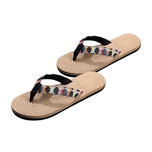 MUCKLILY Sommer Damen Flip Flops Strand Sandalen Flache Rutschfeste Slippers Simuliertes Strohbändchen Atmungsaktiv Leichte Outdoor Badeschuhe Schwarz für Strand und Freizeit von MUCKLILY