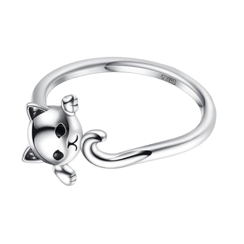 MUCKLILY Sterling Silber Offener Damenring Katzenmotiv Kreatives Design Verstellbarer Schmuck für Mädchen und Frauen Alltagsschmuck von MUCKLILY