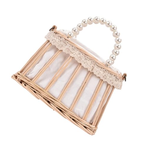 MUCKLILY Strandtasche Damen Stroh Handtasche mit Perlenhandgriff Gewebte Tragetasche Schultertasche für Strand Party Shopping Alltag Khaki von MUCKLILY