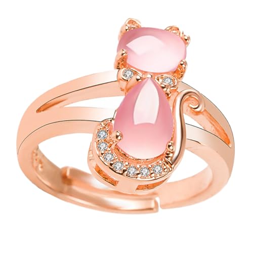 MUCKLILY Stylischer Damenring mit Rosa Strassbesetzter Katzenform Verstellbarer Offener Ring aus Hochwertigem Modisches Schmuckaccessoire für Frauen und Geschenkidee von MUCKLILY