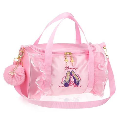 MUCKLILY Tanztasche für Mädchen mit Großem Fassungsvermögen Ballett Sporttasche mit Glattem Reißverschluss Hand Schultertragbar Inklusive Abnehmbarem Gurt und Flauschigem Schlüsselanhänger von MUCKLILY