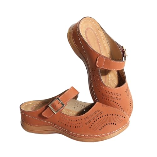 MUCKLILY Vintage Keilabsatz Sandalen Damen Braun Bequeme Klassische Slipper mit Mittelhohem Absatz für Alltag und Freizeit von MUCKLILY