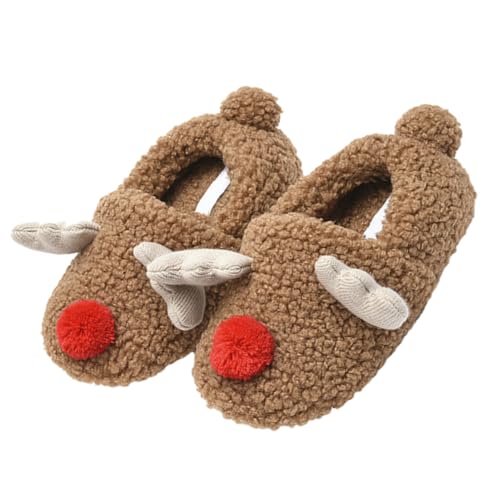 MUCKLILY Warme Indoor Hausschuhe Damen mit Anti-rutsch-sohle Weiche für Herbst und Winter Kuschelige Schlafzimmer Slipper Braune Elch-optik von MUCKLILY