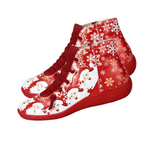 MUCKLILY Weihnachtliche Damen Kurzstiefel Rot PU Kunstleder Atmungsaktiv Rutschfest Flach Festliche Schuhe für Alltag und Weihnachten von MUCKLILY