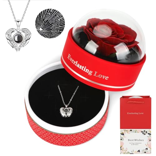 MUCOOS Ewige Echte Rose mit Herz Halskette Handgefertigte Blumen Rosenbox 925 Sterling Silber Damen Kette Infinity Rosen Geburtstag Valentinstag Muttertag Hochzeitstag Geschenke von MUCOOS