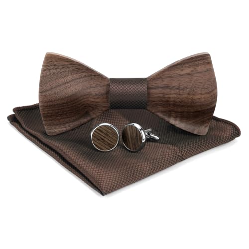MUCOOS Holzfliege Herren Walnussholz Fliege mit Einstecktuch Sets, Holzfliege Anzug und Einstecktuch, Fliege Herren Holz, Holz Manschettenknöpfe, Braun, Geeignet für Hochzeiten, Abendessen, Geschäfts von MUCOOS