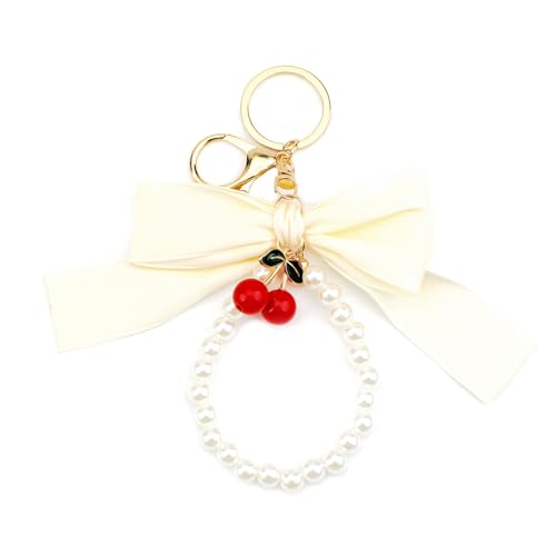 MUCOOS Süßer Schlüsselanhänger, Schlüsselanhänger Für Damen, Verträumtes Design Mit Kirschen-Taschendekor, Schleife Und Kunstperlen von MUCOOS