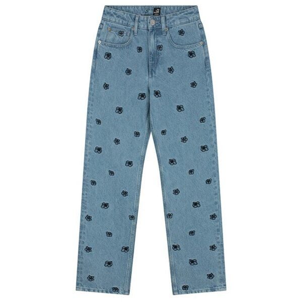 Mud Jeans "van easy" leicht verwaschene Jeans mit schwarz gestickten Blumen von MUD Jeans