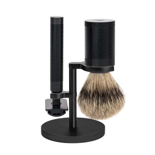 MÜHLE Rocca Rasierset - Silberspitz-Dachszupf Pinsel, Rasierhobel, Halter - mattschwarz Edelstahl mit DLC-Beschichtung von MÜHLE