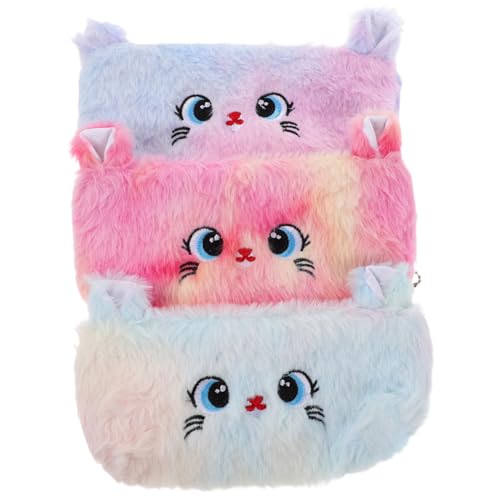 MUELODSIC 3 Stück Teiliges Federmäppchen Katze aus Plüsch mit Farbverlauf Kompakt und Tragbar Reißverschlussgesichert Vielseitiges Organizer-mäppchen für Stifte Kosmetik Münzen für Schule von MUELODSIC