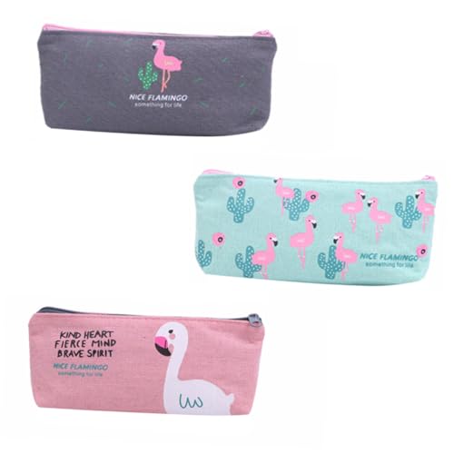 MUELODSIC 3 Stück Teiliges Federmäppchen aus Canvas mit Flamingo Motiv Große Kapazität Multifunktionale Stifttasche für Schüler Praktische und Modische Federtasche für Zufällige Farbe von MUELODSIC