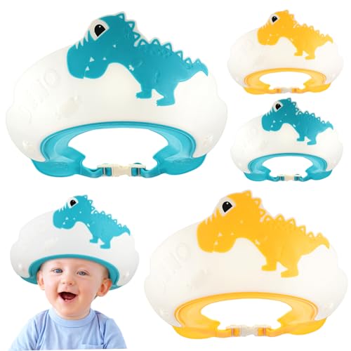 MUELODSIC 4 Stück Verstellbare Shampoo Duschhaube Teiliges mit Lustigem Dinosaurier Design Augenschutz und Ohrenschutz für Kleinkinder Hautfreundlich Komfortabel Passend für Junge Mädchen von MUELODSIC
