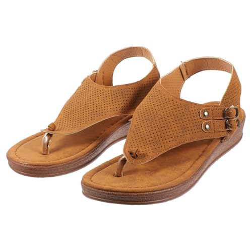 MUELODSIC Flache Damen Sandalen Sommer Strand Sandaletten mit Atmungsaktivem Design Elastischer Dicker Sohle für Starken Halt Modisch und Angenehm für Party Shopping und Reisen Hellbraun von MUELODSIC