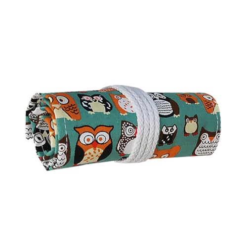 MUELODSIC Leinwand Stifterolle mit Fächern Langlebige Baumwoll Federmappe mit Eulenmotiv Große Kapazität Staubgeschützt Praktisch zum Aufrollen für Schule Büro und Künstlerbedarf von MUELODSIC