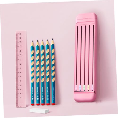 MUELODSIC Multifunktionaler Kunststoff Stiftebox mit Stauraum für Stifte Radiergummi und Lineal Tragbarer Organizer für Schüler Praktisches Schreibwaren Zubehör in Rosa mit Muster von MUELODSIC