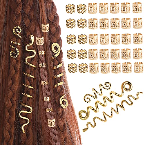 MUFEKUM 38 Stück Dreadlocks Schmuck Haarspiralen Clips, Verstellbar Metall Cuffs Haar Flecht Ringe, Perlen Haarschmuck Braids Haar Dreadlocks Zubehör Für Frauen Männer Zöpfe Dekoration (Gold) von MUFEKUM