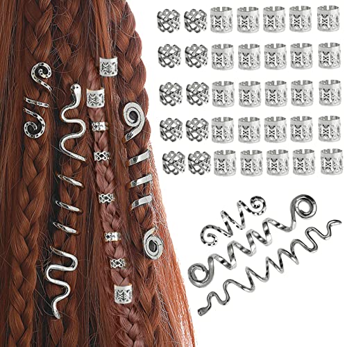 MUFEKUM 38 Stück Dreadlocks Schmuck Haarspiralen Clips, Verstellbar Metall Cuffs Haar Flecht Ringe, Perlen Haarschmuck Braids Haar Dreadlocks Zubehör Für Frauen Männer Zöpfe Dekoration (Silber) von MUFEKUM