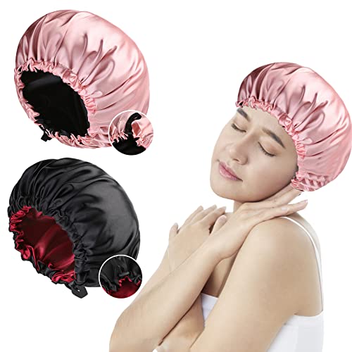 MUFEKUM 2 Stück Satin Haube, Verstellbare Doppelseitige Seiden Schlafmütze für Lockiges Haar, Große Weiche Satin Haarhaube Mütze für Frauen Mädchen Männer Schlaf und Haarpflege (Schwarz+Rosa) von MUFEKUM