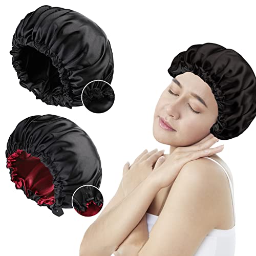 MUFEKUM 2 Stück Satin Haube, Verstellbare Doppelseitige Seiden Schlafmütze für Lockiges Haar, Große Weiche Satin Haarhaube Mütze für Frauen Mädchen Männer Schlaf und Haarpflege (Schwarz+Rot) von MUFEKUM