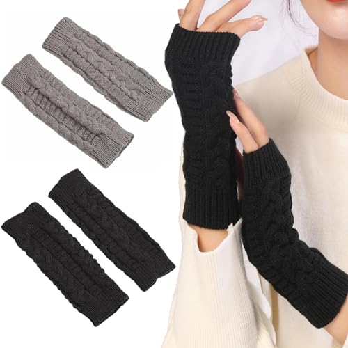 MUFEKUM Fingerlose Handschuhe Damen, 2 Paar Strick Handstulpen Ohne Finger, Damen Pulswärmer Winter Armstulpen Kurzer, Fäustlinge Damen Extra Warm (Schwarz+Grau) von MUFEKUM