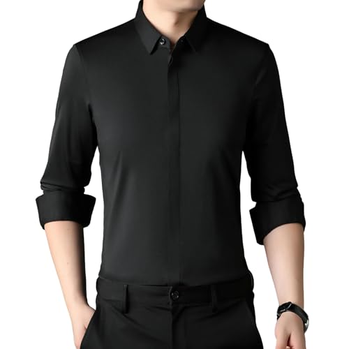 Herren Frühling Langarm Lässiges Anti-Knitter Knitterfreies Verstecktes Knopfleiste Einfarbiges Nahtloses Hemd Black XL von MUFURONG