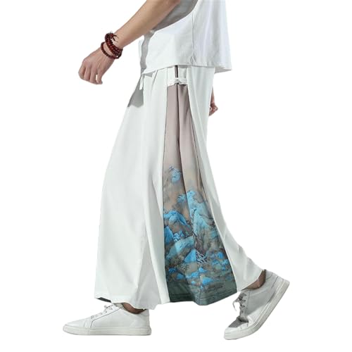 MUFURONG Herren Sommer Antiker Stil Hanfu Dünne Eisseide Lässige Kürzere Chinesische Druck Patchwork Gerade Lange Hose K7788 White M von MUFURONG