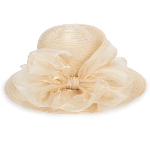 Kentucky Organza-Derby-Hut für Damen, Braut, Hochzeit, Kirche, Teeparty, breite Krempe, Sommer-Sonnenkappe, Champagnerfarbene Schleife, Medium von MUGANYI