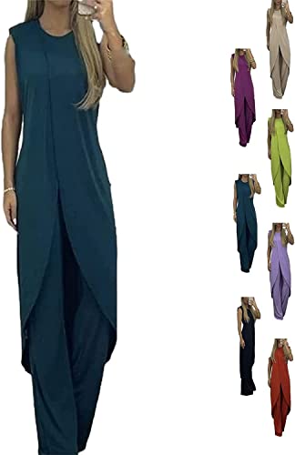 7 Colors Jersey Mature Women Suit, Vivianhan Jersey Suit for Women, Summer Slit Sleeveless Loose Blouse and Wide Leg Pants Set (M, Blue) von MUGUOY