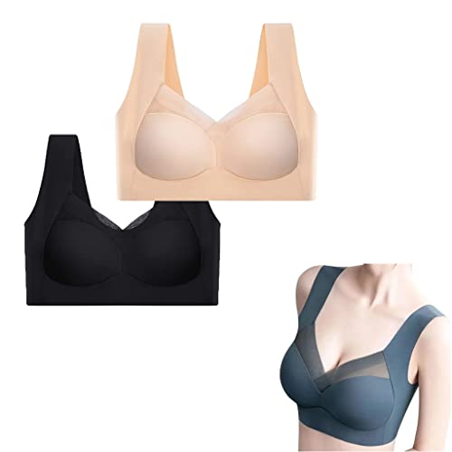 Fashion Deep Cup Bra, Summer Sexy Push Up Wireless Bras, Full Back Coverage High Elastic Wide Shoulder Straps Bras. (L, Schwarz+Beige) von MUGUOY